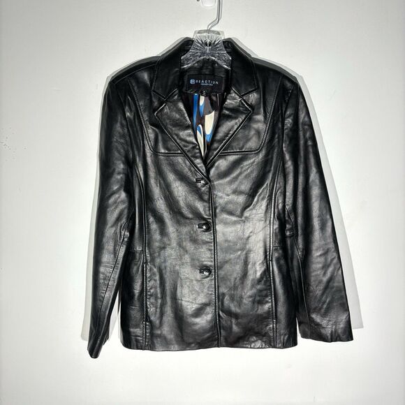 KENNETH COLE REACTION Genuine Leather Black Blazer Jacket Y2K Size M - Picture 1 of 13